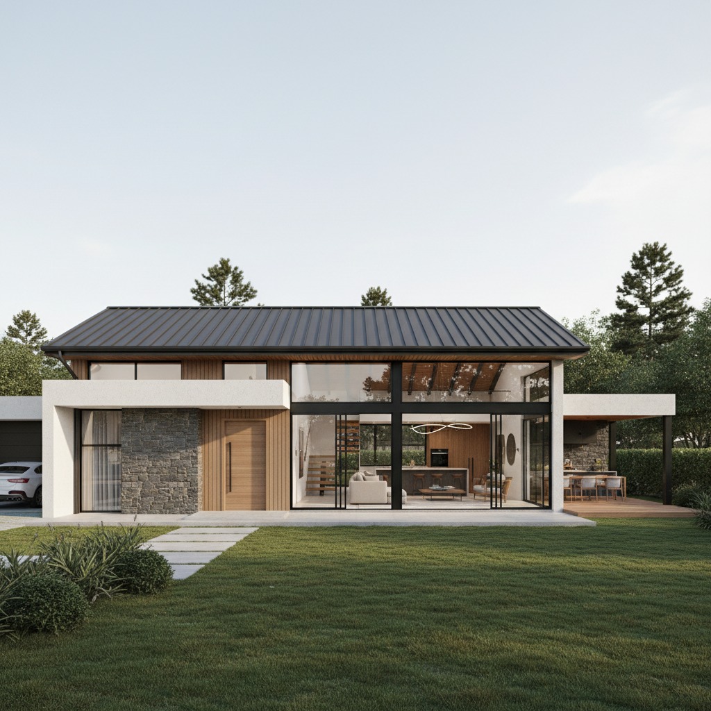 Photorealistic 3D architectural rendering of a modern single-story Brazilian house, 150 square meters, designed for a 14 x 30 meter lot located in Farroupilha, Rio Grande do Sul, Brazil (Serra Gaúcha region). Contemporary architecture with subtle Italian-influenced Serra Gaúcha style, clean horizontal lines, premium materials, and a functional family-oriented layout.
House program:
Total built area: 150 m²
3 bedrooms:
1 master suite with walk-in closet and private bathroom
2 secondary bedrooms, each at least 10 m²
Shared full bathroom
Open-plan living room, dining room, and kitchen
Double-height ceiling (pé direito duplo) over the living room and dining area
Large contemporary kitchen with central island
Laundry room with external access
Integrated garage for two vehicles
Covered entrance with modern wooden pivot door
Large sliding glass doors connecting the social area to the backyard
Architecture:
Modern Brazilian architecture adapted to the cool and rainy climate of southern Brazil.
Dark standing-seam metal roof with moderate slope suitable for Serra Gaúcha weather.
Facade combining:
off-white textured concrete
natural wood cladding
basalt stone accents
matte black aluminum frames
floor-to-ceiling glazing
minimalist lighting
Site:
14 x 30 meter residential lot.
Wide front setback with landscaped garden.
Private backyard featuring:
covered gourmet patio
wooden deck
lawn
native southern Brazilian vegetation
araucaria and pine trees in the background
subtle stone retaining walls suggesting gently sloped terrain.
Interior visible through glass:
Double-height living room with exposed timber ceiling.
Minimalist Brazilian furniture.
Warm neutral palette.
Natural oak flooring.
Integrated kitchen with large island facing the living room.
Floating staircase leading to a small mezzanine overlooking the living area.
Natural daylight filling the interior.